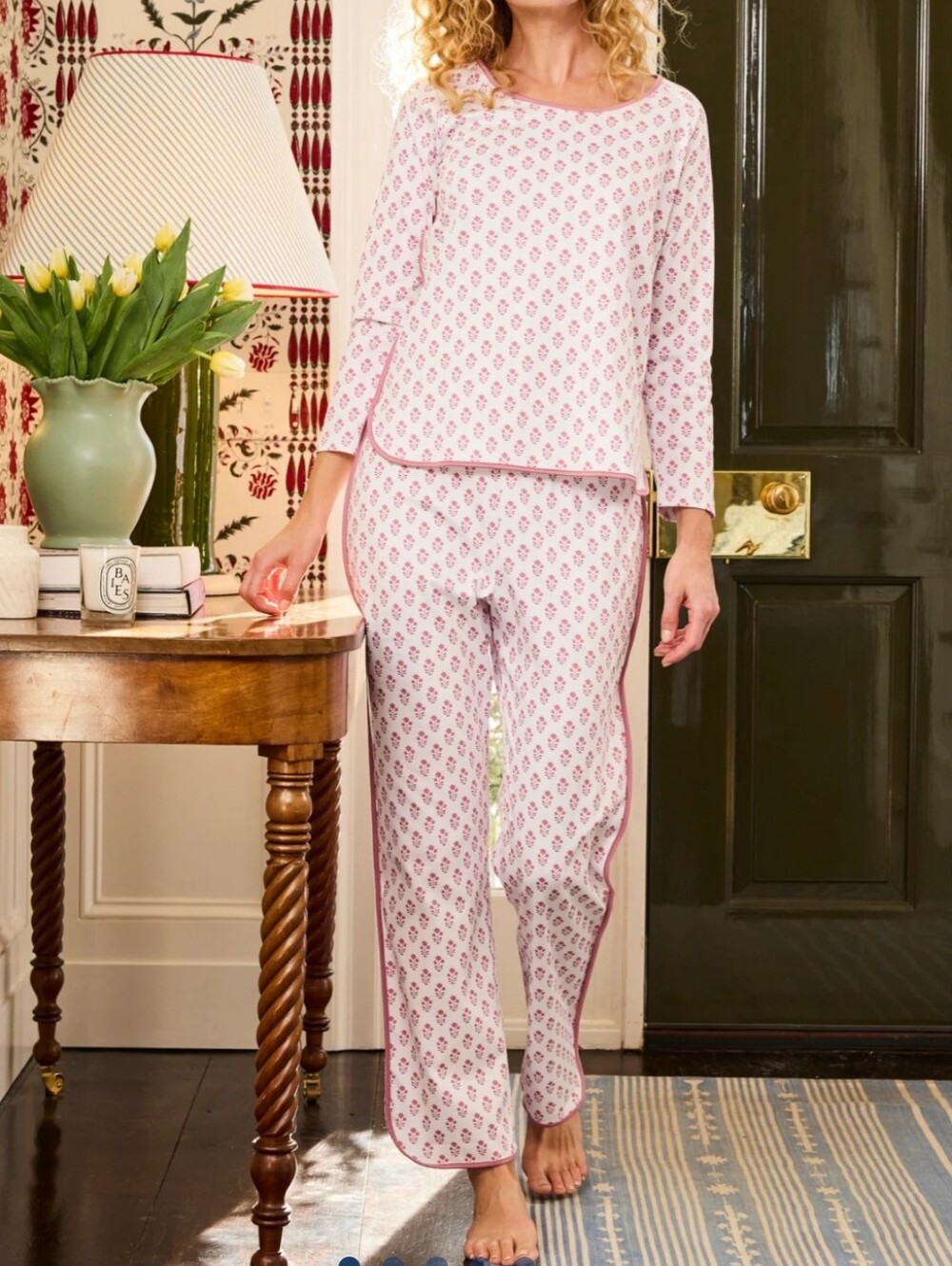 LAKE Pima Long-Long Set in Light Camellia Posy Pajama Set